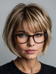 Bob With Bangs Oval Face, Soft Layered Hair, Make Short Hair, Short Haircut Ideas For Women, Women With Glasses, Layered Blonde, Short Hair Glasses, Haircut Ideas For Women, Short Haircut Ideas