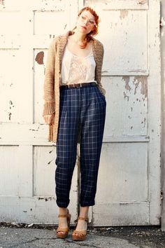 Blue Checkered Pants Outfit, Blue Plaid Trousers Outfit, Navy Windowpane Pants Outfit, Plaid Pants For Workwear, Navy Plaid Pants Outfit, Cotton Plaid Pants For Workwear, Retro Plaid Pants For Fall, Windowpane Pants Outfit, Blue Plaid Pants Outfit