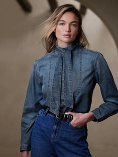 Una Denim Tie-Neck Blouse | Banana Republic Bow Tie Blouse Outfit, Denim Blouse Outfits, Bow Tie Shirt, Denim Blouse, Tie Neck Blouse, Blouse Outfit, Work Wardrobe, Blue Blouse, Denim Shirt