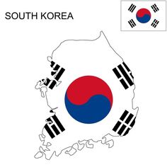 the map of south korea with flag colors and country name in black, white, and blue