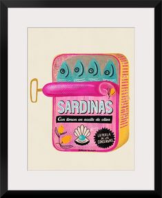 Fine Art Print, Martin Black Frame entitled Sardines Tin Can.  Multiple sizes available.  Primary colors within this image include Hot Pink, White, Light Yellow, Fuchsia.  Made in the USA.  Satisfaction guaranteed.  Inks used are latex-based and designed to last. Sardine Oil Painting, Sardine Can Art, Photography Gallery Wall, Sardine Can, Harmony Art, Multicolor Art, Can Art, Black Frame Wall Art, Cubism Art