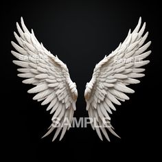 two white angel wings against a black background with the words sample written below them in cursive writing