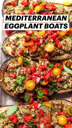 baked stuffed eggplant with tomatoes, herbs and lemon wedges on a serving platter