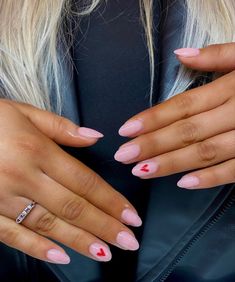 Cute Valentine Nails Short, Nail Idea Valentines, Short Acrylic Nails Designs Simple Valentines Day, Valentine’s Day Nail Ideas Almond, Pink Nails With Love Heart, Super Simple Valentines Nails, Valentines Nail Ideas Pink, Valentines Nails Oval Shape, Simple Almond Nail Designs Classy