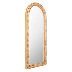 a mirror that is sitting on top of a wooden frame and has rope around it