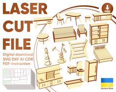 an advertisement for laser cut file, with furniture and accessories in the middle of it