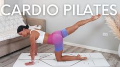 a woman is doing a yoga pose in her living room with the words cardio pilates