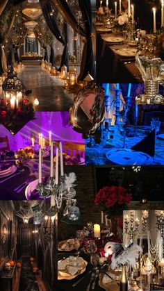 a collage of photos with candles and flowers on them, including an elaborate dining table