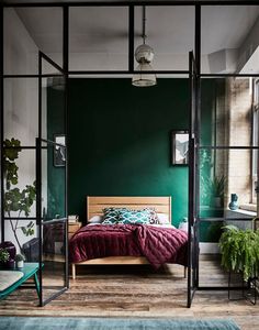 a bedroom with green walls and wooden flooring is pictured in this image, there is a bed surrounded by glass doors