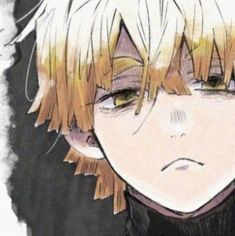 an anime character with blonde hair and green eyes looking at something in front of him