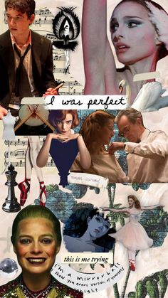 the collage has many different pictures and words on it, including an image of a woman's face