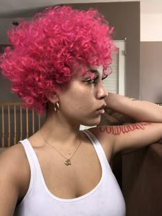 Short Pink Curly Hair Black Women, Short Dyed Curly Hair, Pink Natural Hair, Pink Curly Hair, Black Women Updo Hairstyles, Pink Afro, Two Ponytail Hairstyles