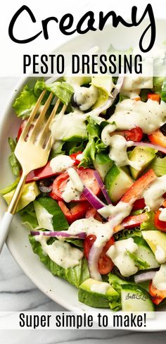 a bowl of salad with a fork and text overlay that reads creamy pesto dressing - super simple to make! Pesto Salad Dressing, Dip For Veggies, Pesto Salad, Dry Rubs