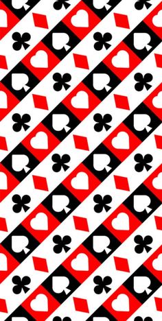 a red and black checkered pattern with playing cards in the center on white background