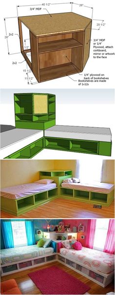 the plans for a bed and desk are shown in three different positions, including one with drawers