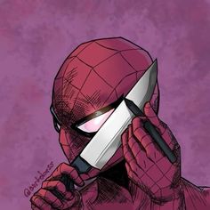 a drawing of a spider - man holding a knife to his face