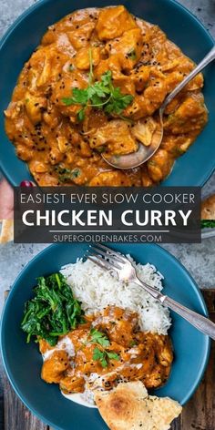 chicken curry in a blue bowl with rice and spinach on the side next to it