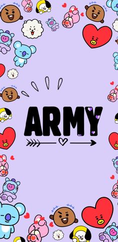 an army background with many teddy bears and hearts