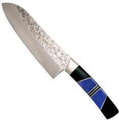 a blue and black knife on a white background