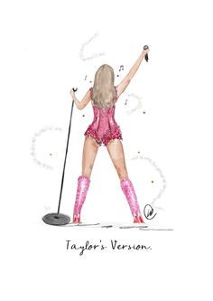 a watercolor drawing of a woman in pink outfit holding a microphone and singing into a microphone