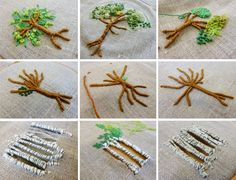 several pictures of different things made out of fabric and wood sticks with leaves on them