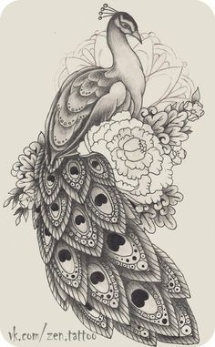 a drawing of a peacock with flowers on it's back and its feathers spread out