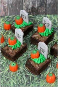 halloween brownies with tombstones and pumpkins on them