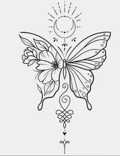 a black and white drawing of a butterfly with flowers on it's back side