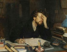 a painting of a man sitting at a desk with books and pens in his hand