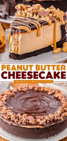 This dreamy Peanut Butter Cheesecake recipe features a decadently creamy peanut butter filling, crunchy OREO crust and luscious chocolate ganache topping. Every bit as indulgent as it sounds! Perfect for potlucks, parties, holidays and more! Peanut Butter Pie Cheesecake, Chocolate Dessert For Potluck, Chocolate Peanut Butter Cheesecake Recipes, Peanut Butter Cheesecake With Oreo Crust, No Bake Peanut Butter Chocolate Cheesecake, Peanut Butter Topping For Cheesecake, Chocolate Pb Cheesecake, Dessert Recipes Chocolate Peanut Butter, Best Peanut Butter Cheesecake