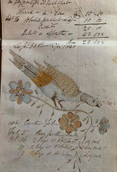 an old handwritten note with a bird on it's side and flowers in the middle