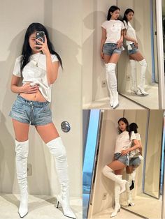 several photos of a woman in short shorts and boots taking a selfie with her cell phone