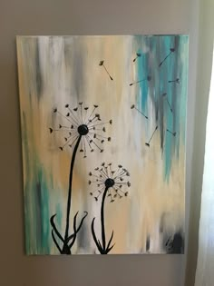 a painting with dandelions painted on it in the corner of a room next to a window