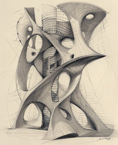 a drawing of an abstract structure made out of intersecting lines and shapes, with the letter s in the middle