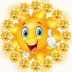 an image of a happy sun with lots of smiles on it's face and thumbs up