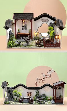 two images show the inside and outside of a doll house