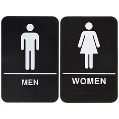 two black and white restroom signs with men and women symbols on the front one is for urinals