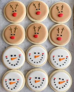 frosted cookies decorated like snowmen and reindeer faces