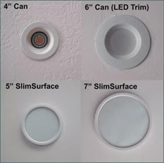 four different types of recessed lights are shown in three different sizes and colors, including white