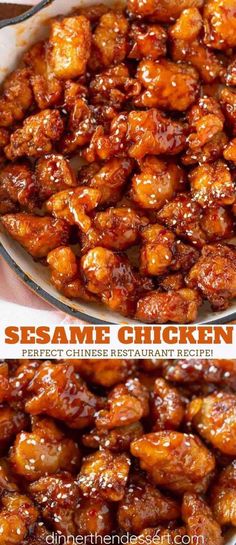 sesame chicken in a white dish with the words sesame chicken on top and below it