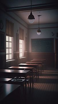 an empty school room with desks and chairs in the dark, lit by sunlight coming through windows