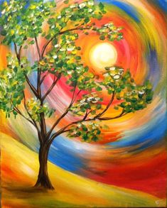 an oil painting of a tree with the sun in the background and colorful swirls