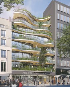 an artist's rendering of a building with many balconies and plants growing on it