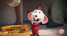 a cartoon mouse is standing next to a sign that says singing competition auction on it