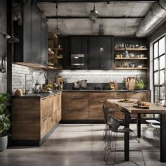 an industrial style kitchen with wooden cabinets and black appliances