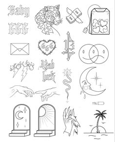 some drawings that have been drawn on the back of a sheet of paper with words and symbols