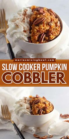 two bowls filled with ice cream and topped with pecans, pumpkins and whipped cream