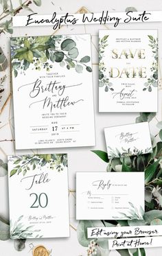 wedding stationery with greenery and gold foil