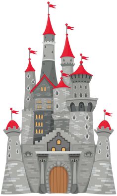 a castle with red roof and turrets on it's sides, surrounded by two towers