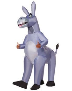 an inflatable kangaroo is pointing to the right with its mouth open and tongue out